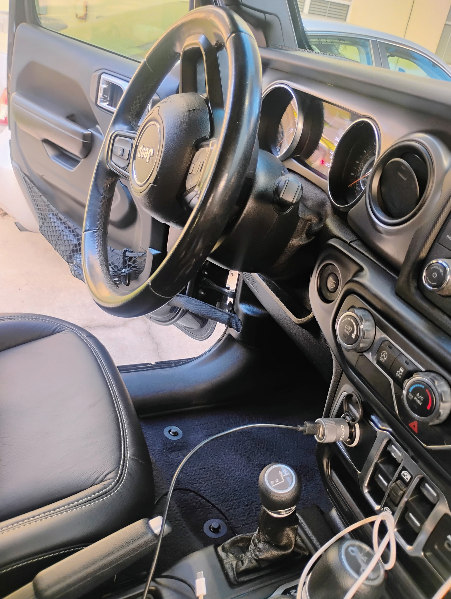 Car interior with steering wheel

